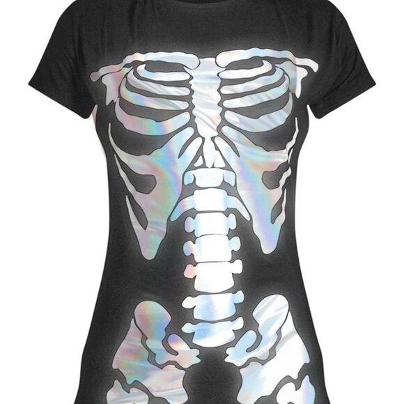 PRETTYLITTLETHING BLACK Skeleton Holographic T SHIRT DRESS SIZE 12 RAYON - Picture 3 of 13